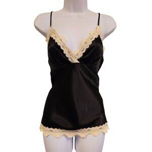 Vintage Y2K Babydoll Whimsigoth Coquette Black Satin Lace Trimmed Cami L